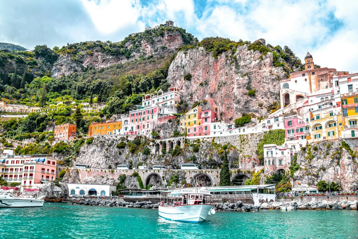 Amalfi waterfront and small boats, Italy